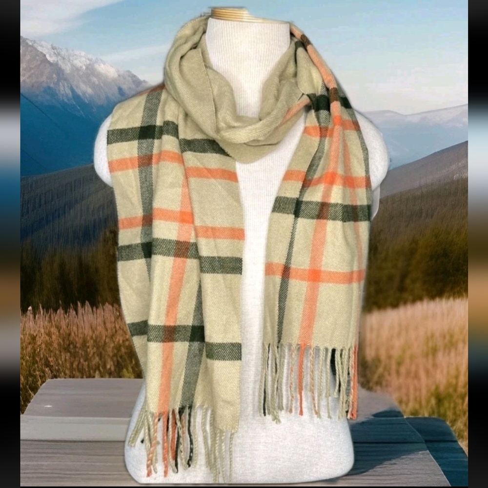 Cashmere Scarf Italy Design Tan Black Orange Plaid Fall Fashion Scarf Luxury